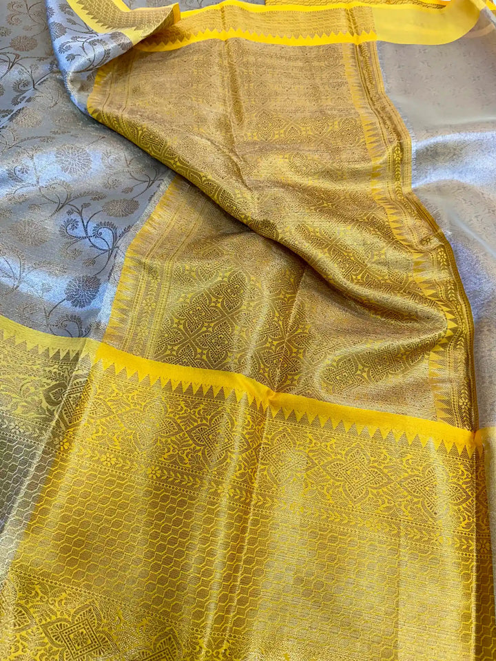 Golden Yellow Katan Tissue Silk Floral Jaal Banarasi Saree