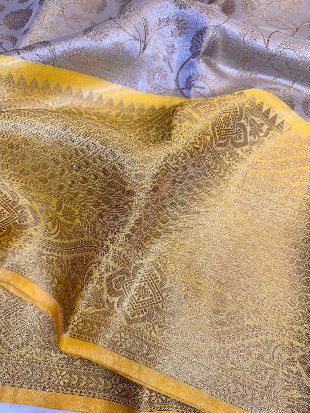 Golden Yellow Katan Tissue Silk Floral Jaal Banarasi Saree