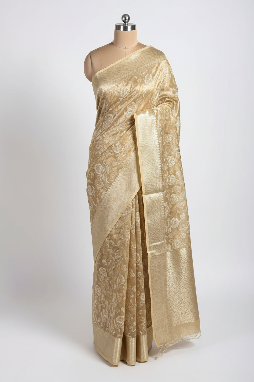 Golden Banarasi Tissue Chikankari Saree with Rich Pallu & Blouse