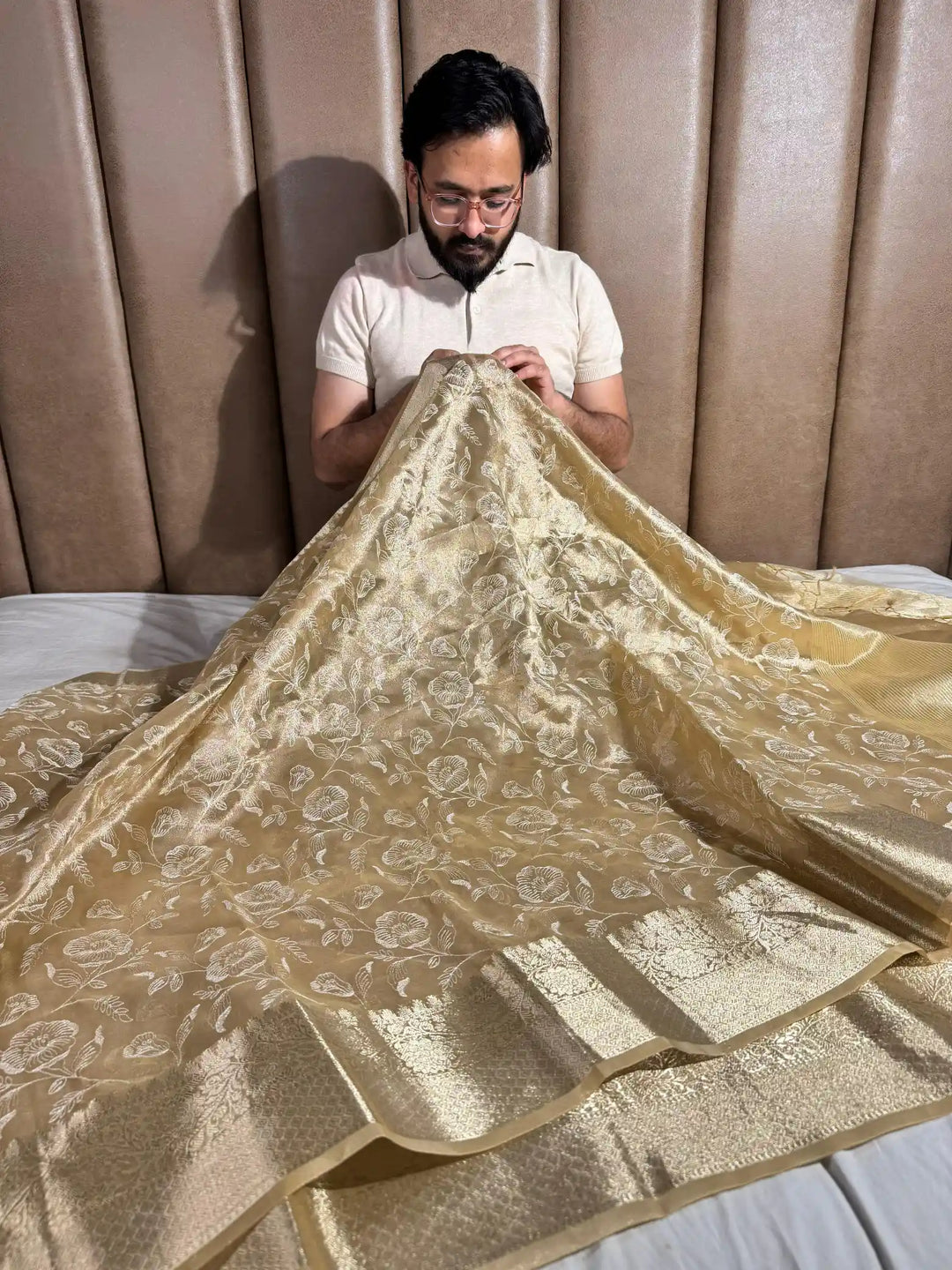 Golden Banarasi Tissue Chikankari Saree with Rich Pallu & Blouse 