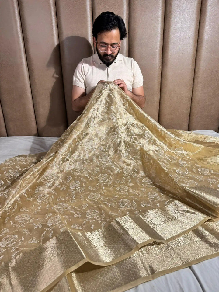 Golden Banarasi Tissue Chikankari Saree with Rich Pallu & Blouse 