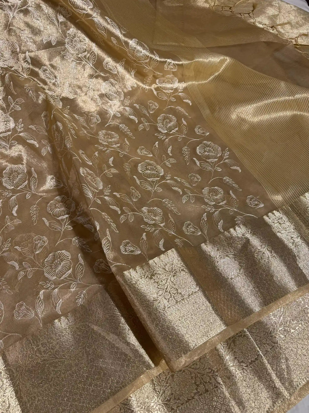 Golden Banarasi Tissue Chikankari Saree with Rich Pallu & Blouse 