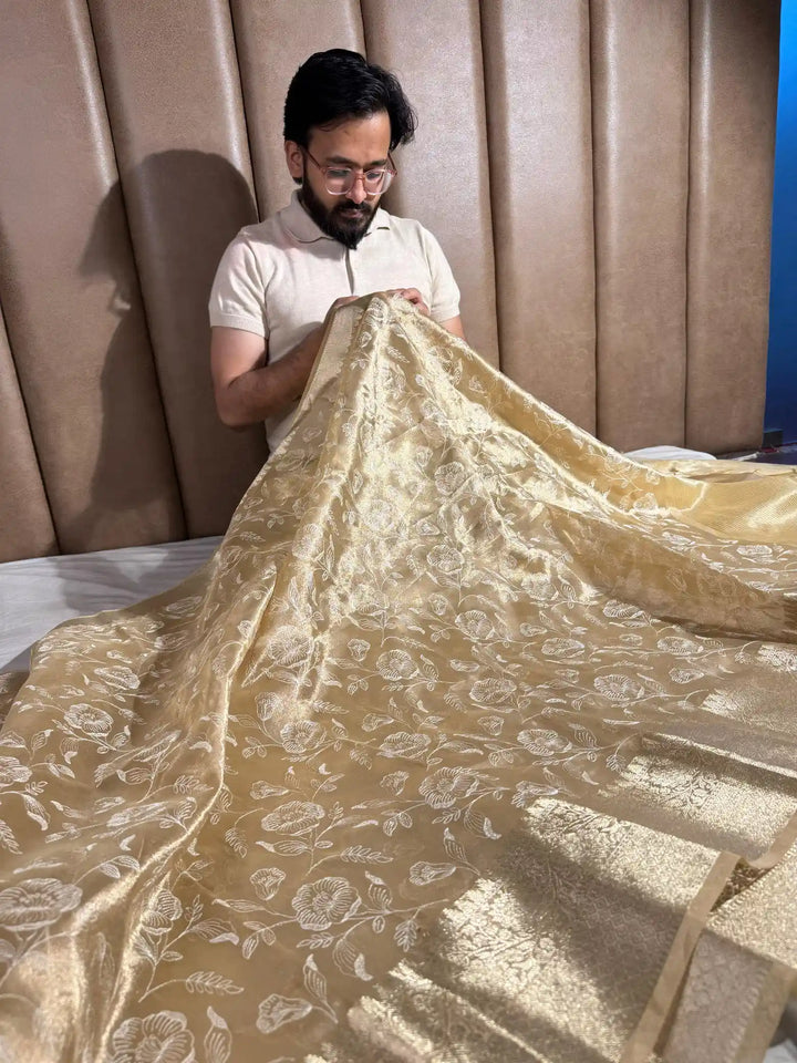 Golden Banarasi Tissue Chikankari Saree with Rich Pallu & Blouse 