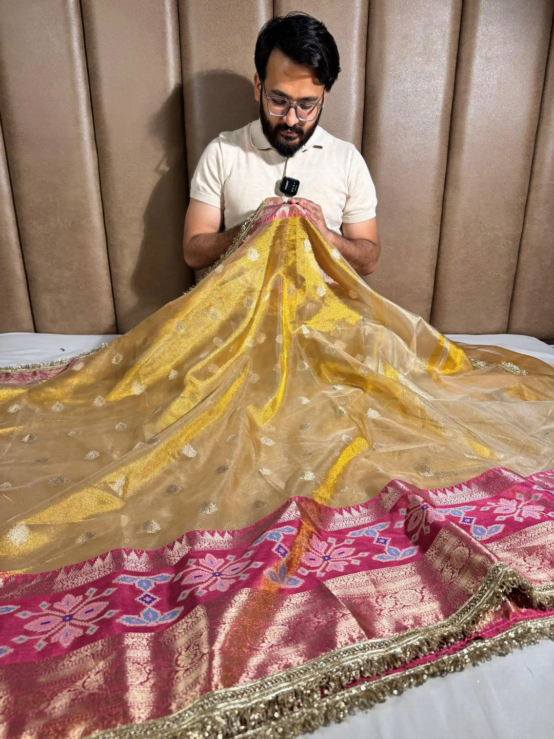 Golden Copper Tissue Silk Buta & Lace Work Banarasi Saree 