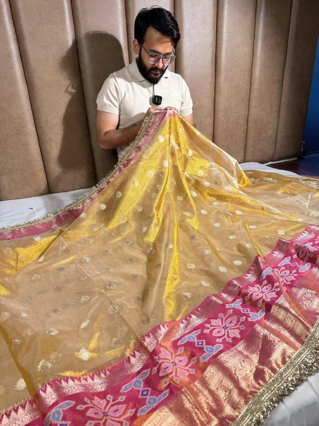 Golden Copper Tissue Silk Buta & Lace Work Banarasi Saree 