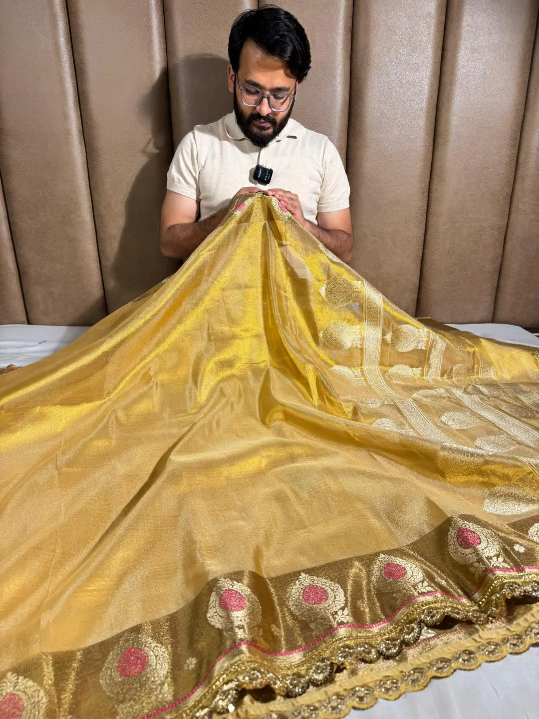 Golden Copper Tissue Silk Designer Lace Work Banarasi Saree