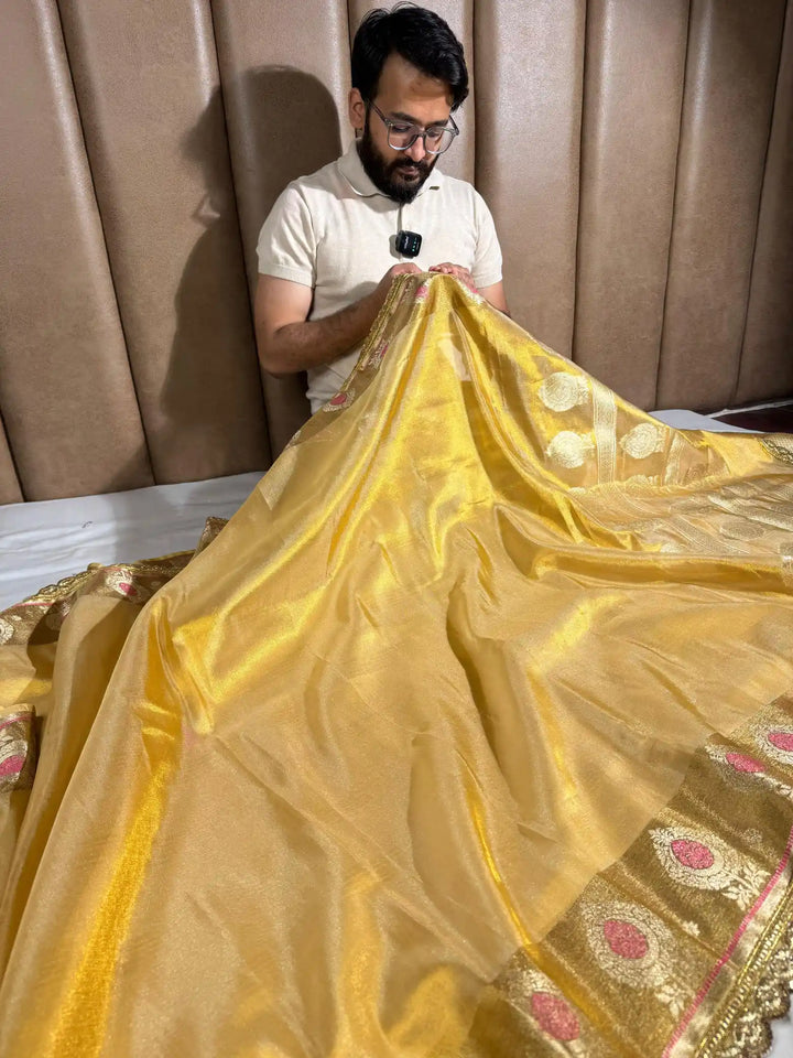 Golden Copper Tissue Silk Designer Lace Work Banarasi Saree