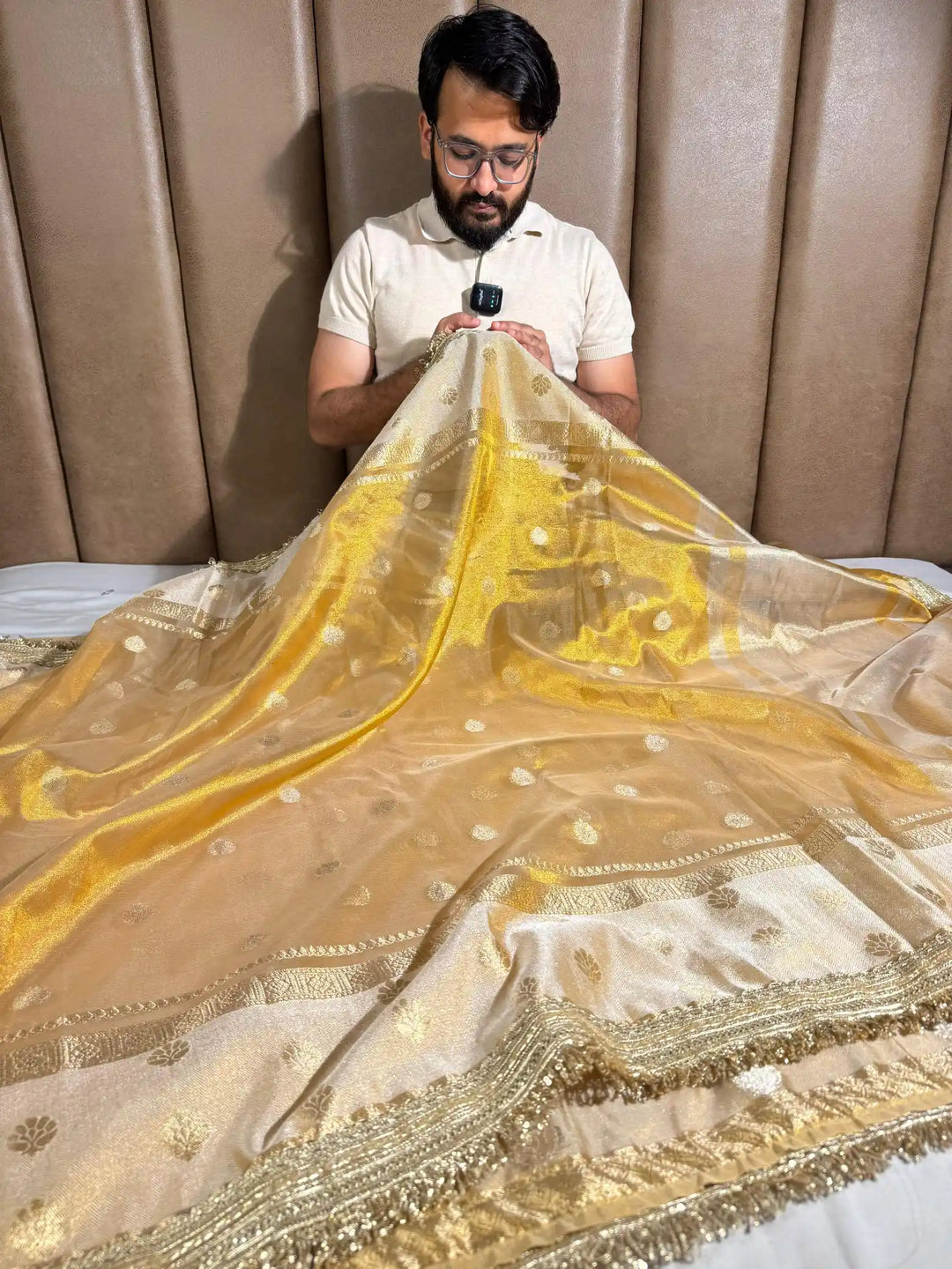 Golden Copper Tissue Silk Lace Work Banarasi Saree