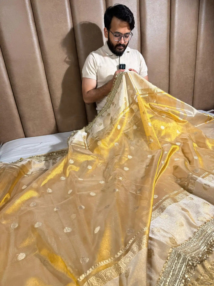 Golden Copper Tissue Silk Lace Work Banarasi Saree