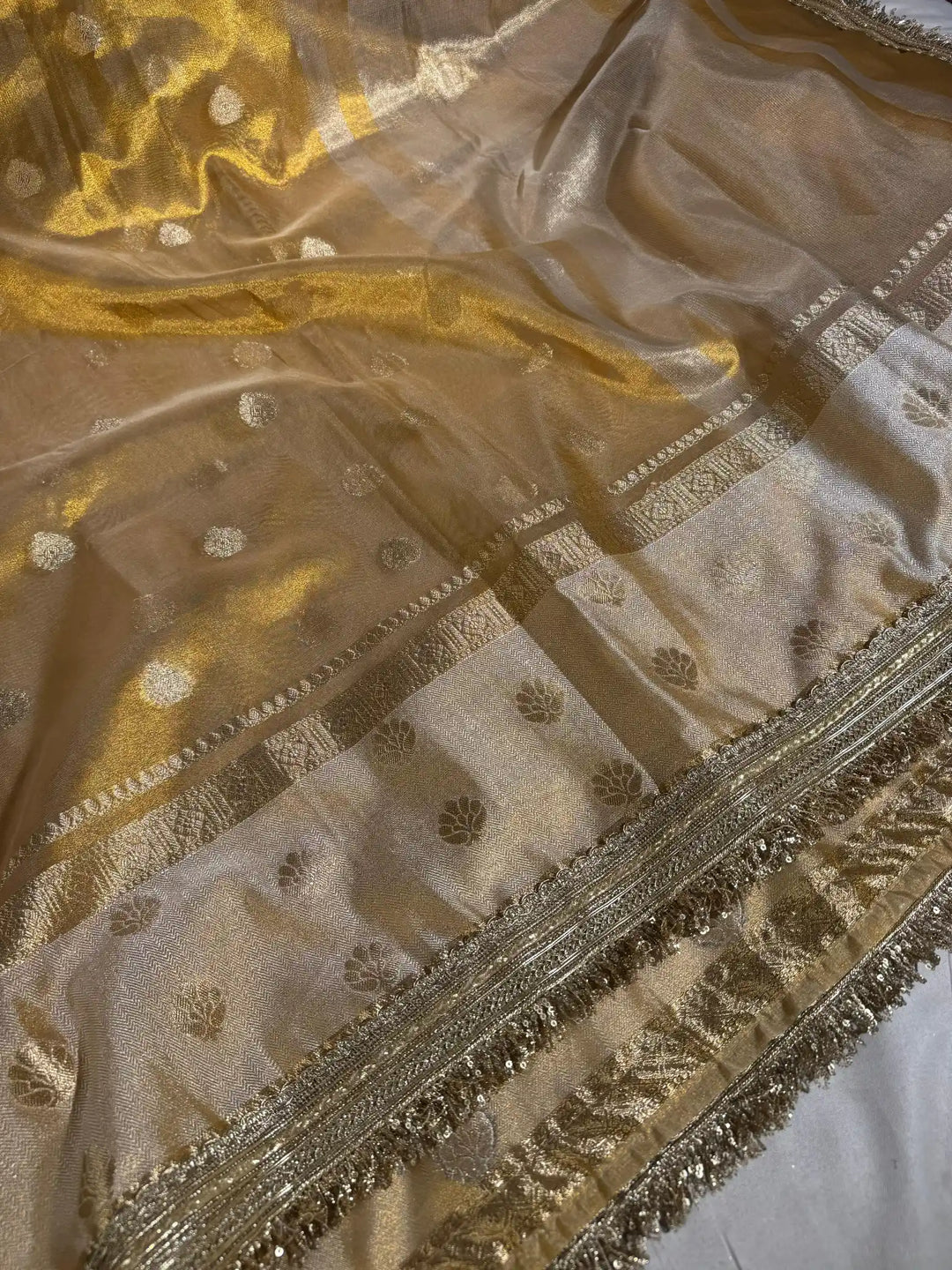 Golden Copper Tissue Silk Lace Work Banarasi Saree