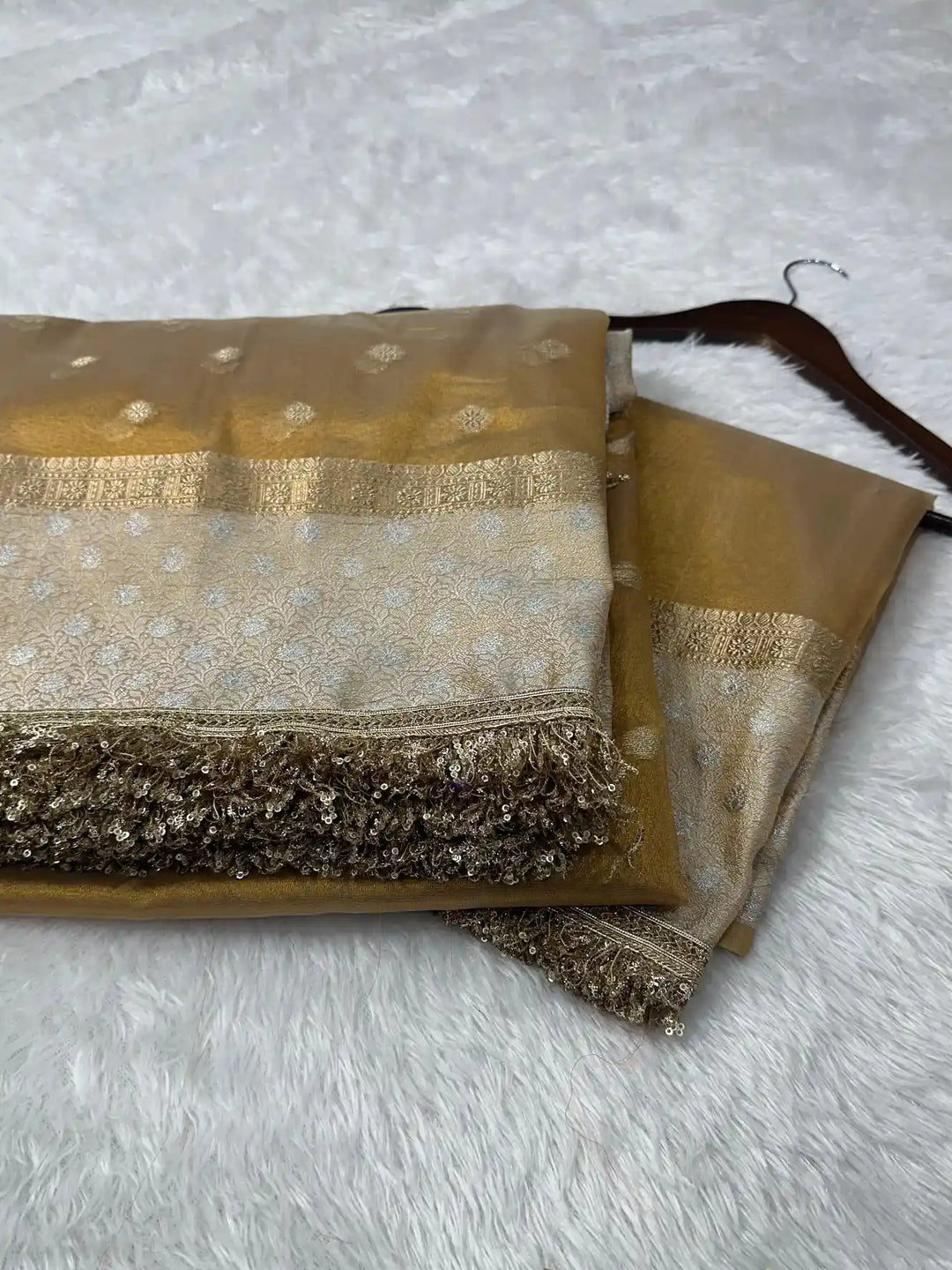 Golden Copper Tissue Silk Lace Work Banarasi Saree