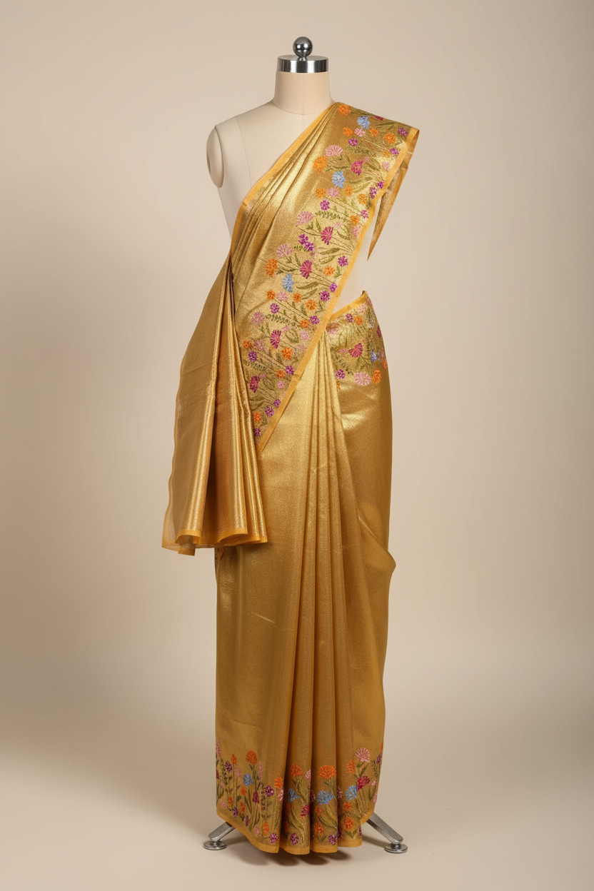 Golden Designer Tissue Silk Chikankari Work Banarasi Saree