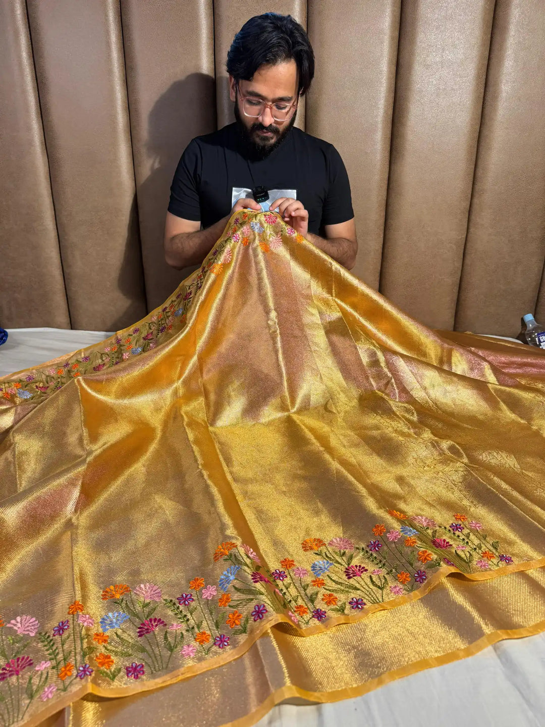 Golden Designer Tissue Silk Saree with Rich Border Chikankari and pallu 