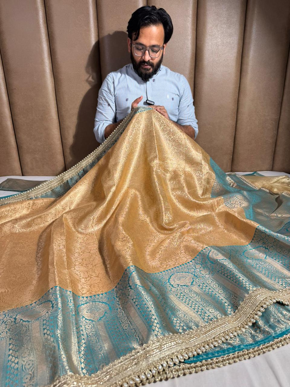 Golden Embossed Contrast Tissue Silk Lace Work Banarasi Saree