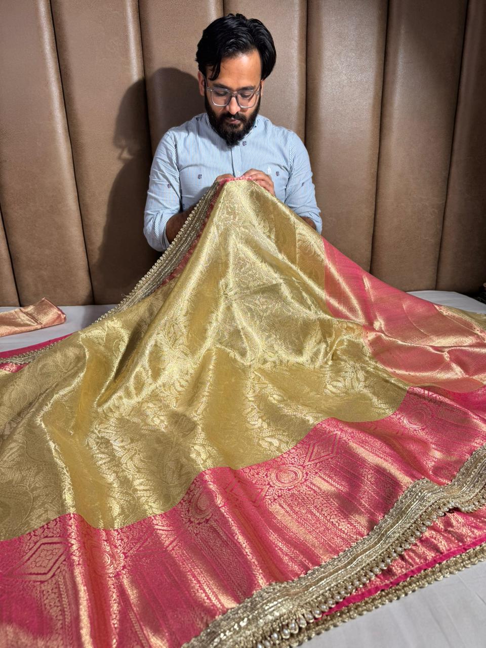 Golden Embossed Tissue Silk Designer Lace Work Banarasi Saree
