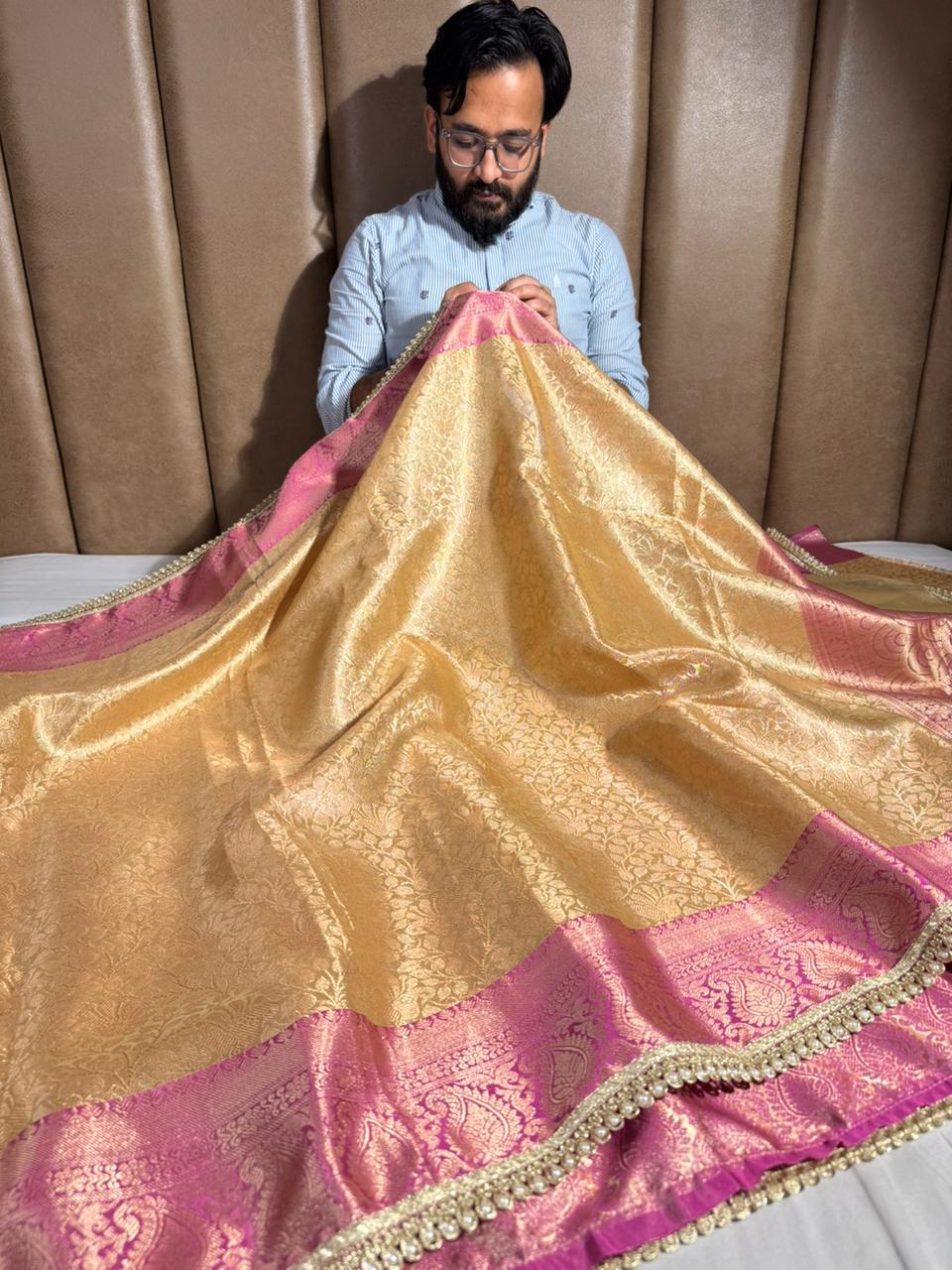 Golden Embossed Tissue Silk Lace Work Banarasi Saree