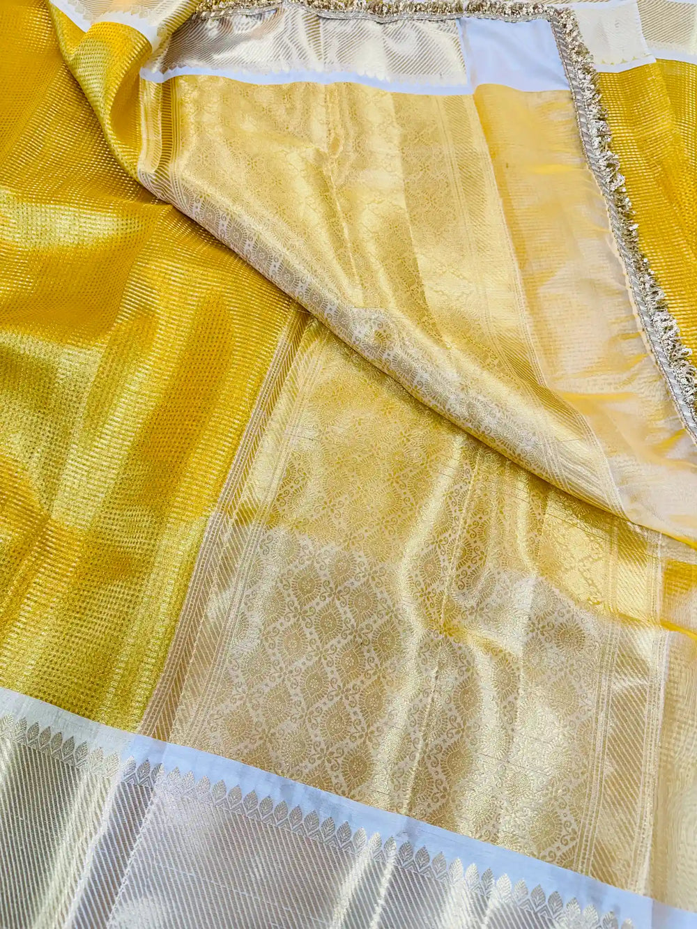 Golden Kanjeevaram Tissue Silk Lace Attached Brocade Saree