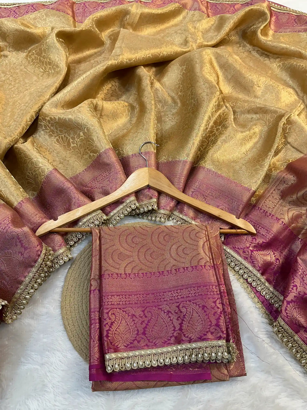 Golden Embossed Tissue Silk Lace Work Banarasi Saree
