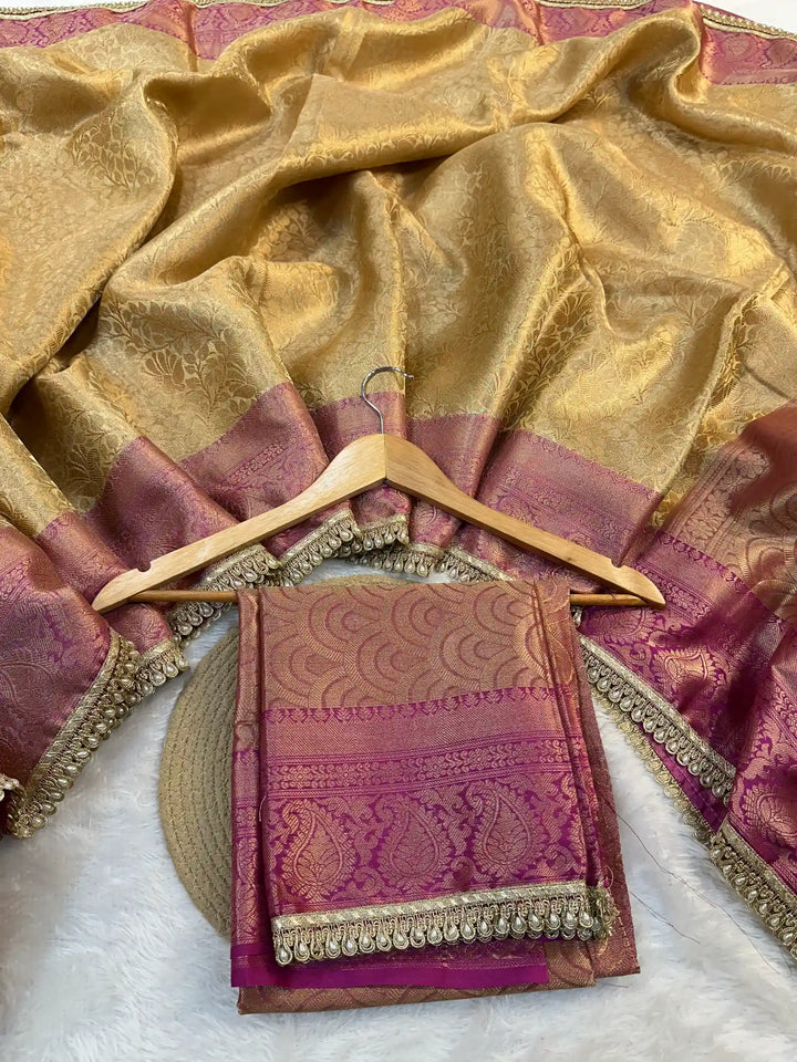 Golden Embossed Tissue Silk Lace Work Banarasi Saree