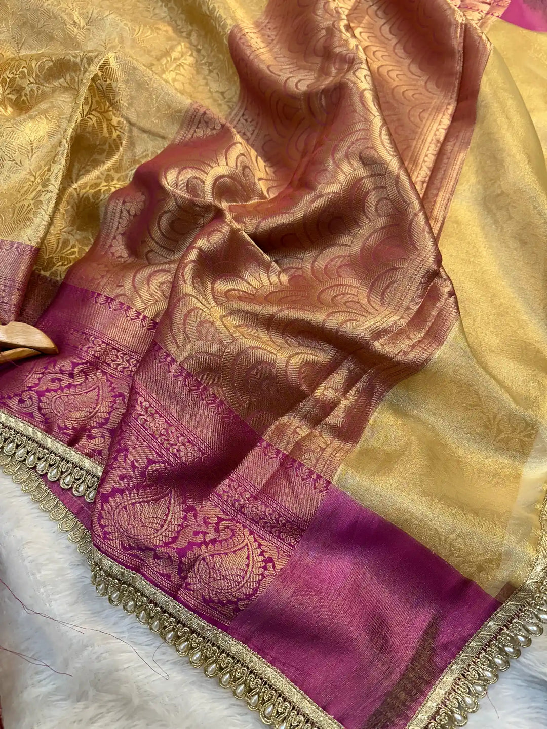 Golden Embossed Tissue Silk Lace Work Banarasi Saree