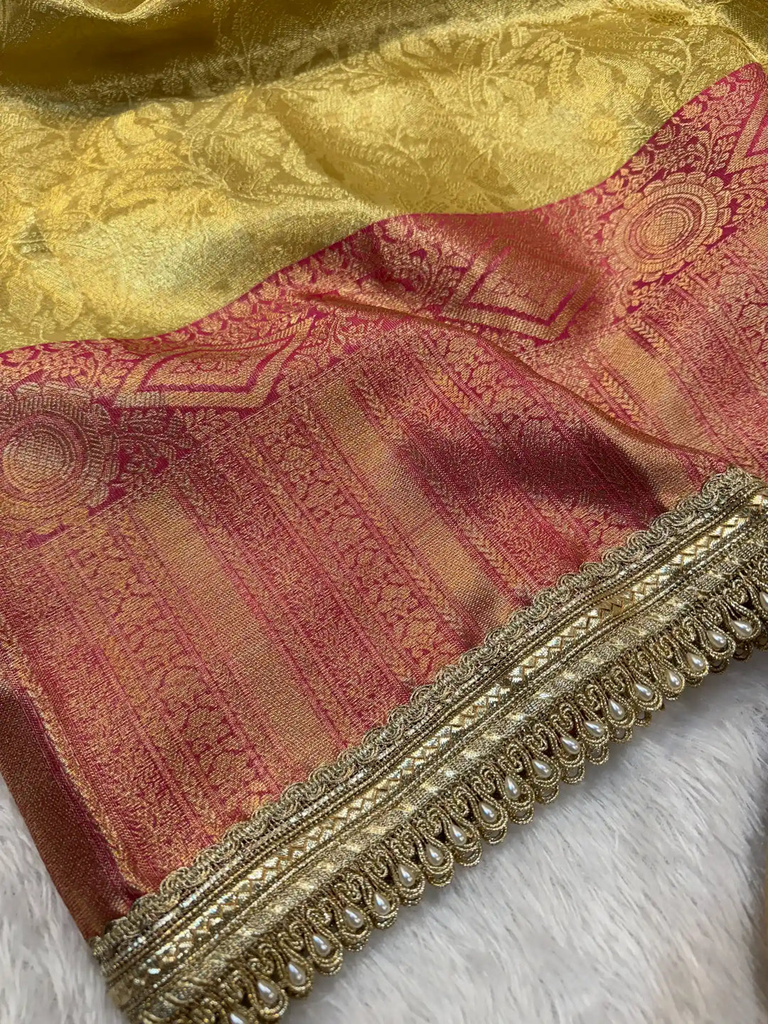 Golden Embossed Tissue Silk Lace Work Banarasi Saree