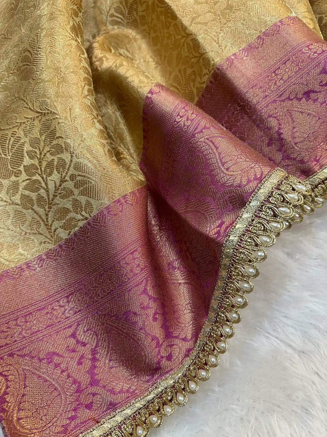 Golden Embossed Tissue Silk Lace Work Banarasi Saree
