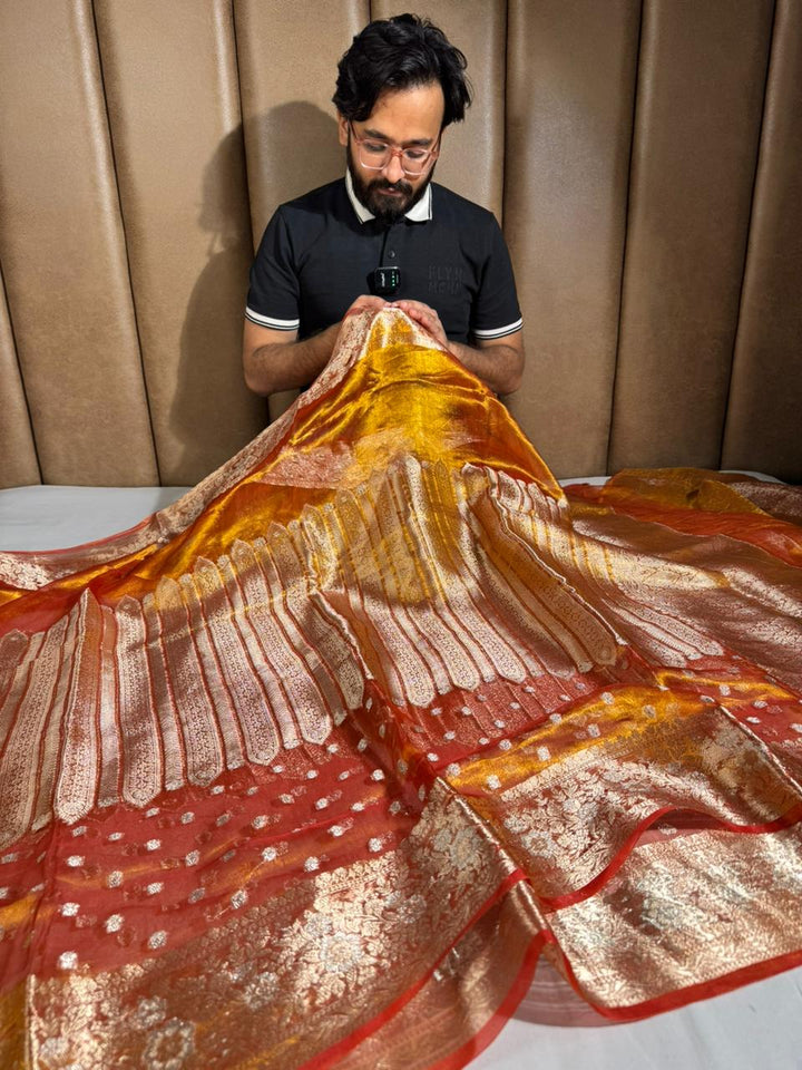 Goldish Orange Pure Tissue Silk Heritage Banarasi Saree