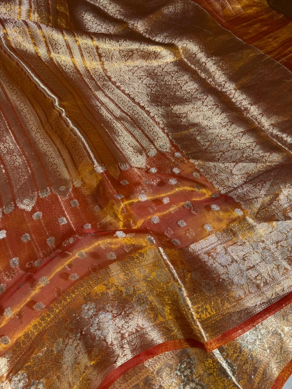 Goldish Orange Pure Tissue Silk Heritage Banarasi Saree