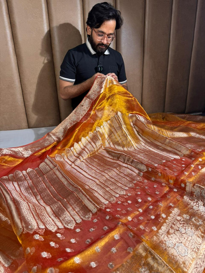 Goldish Orange Pure Tissue Silk Heritage Banarasi Saree