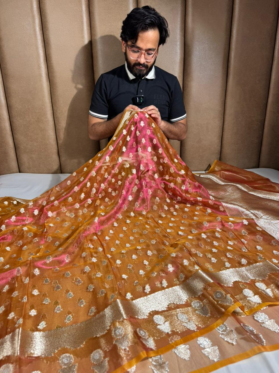 Goldish Orange Pure Tissue Silk Heritage Banarasi Saree