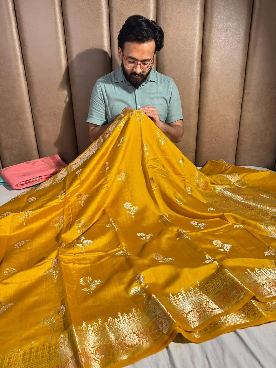 Goldish Yellow Banarasi Pure Chiniya Silk Saree with Handbrush Paint and Rich Pallu 