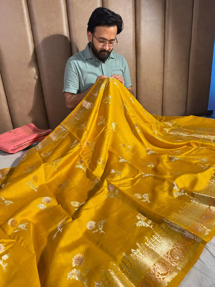 Goldish Yellow Banarasi Pure Chiniya Silk Saree with Handbrush Paint and Rich Pallu 