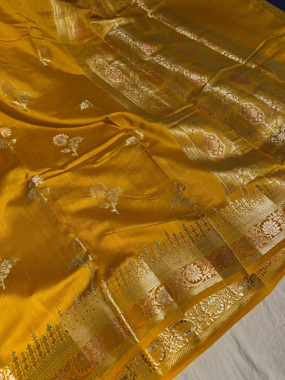 Goldish Yellow Banarasi Pure Chiniya Silk Saree with Handbrush Paint and Rich Pallu 