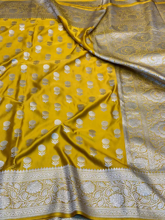 Goldish Yellow Eccentric Motifs Weave Mashru Katan Silk Saree