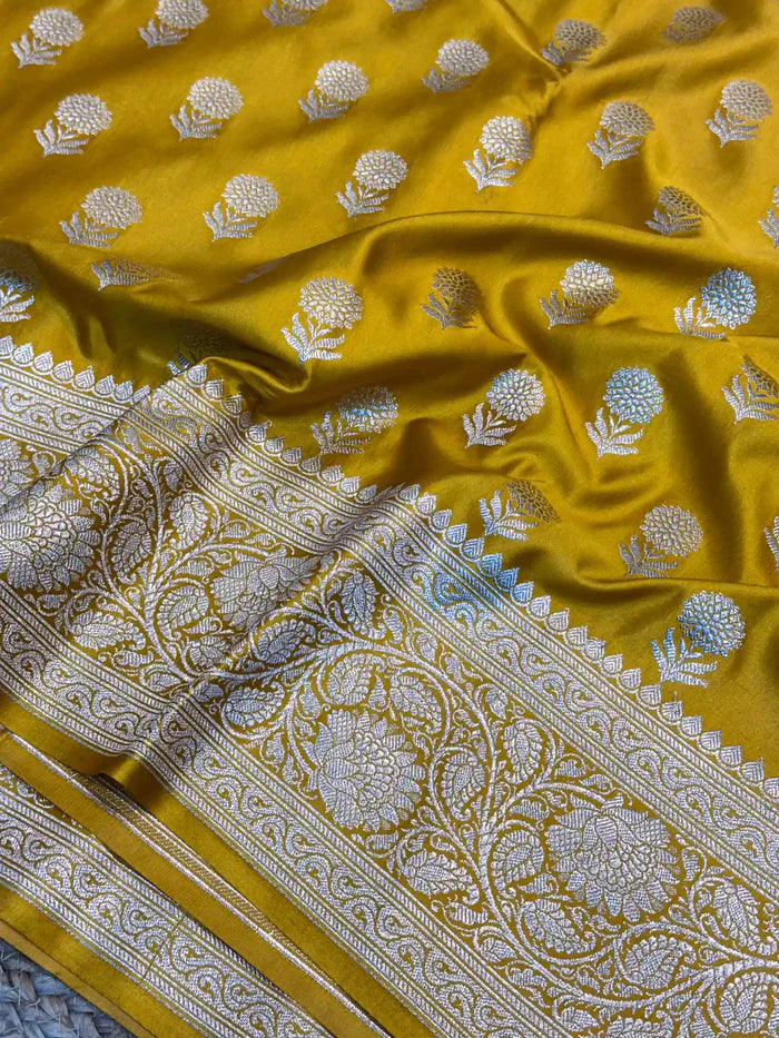 Goldish Yellow Eccentric Motifs Weave Mashru Katan Silk Saree