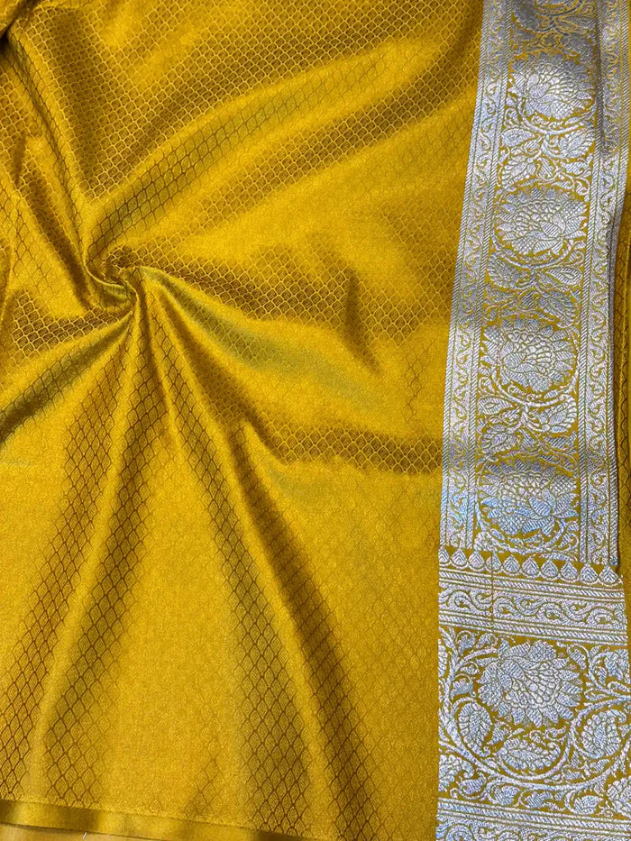 Goldish Yellow Eccentric Motifs Weave Mashru Katan Silk Saree