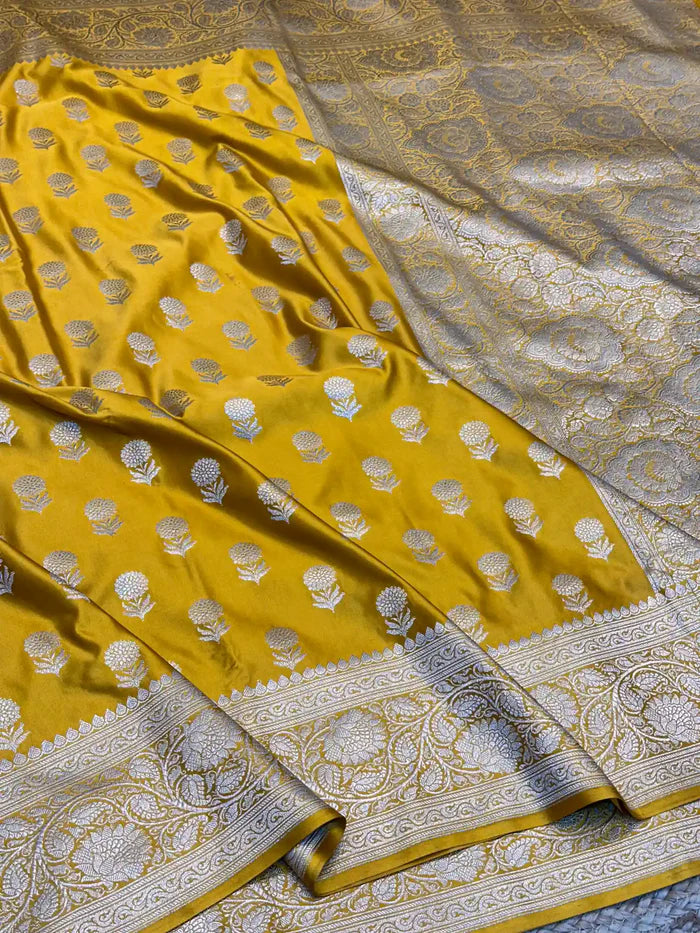 Goldish Yellow Eccentric Motifs Weave Mashru Katan Silk Saree