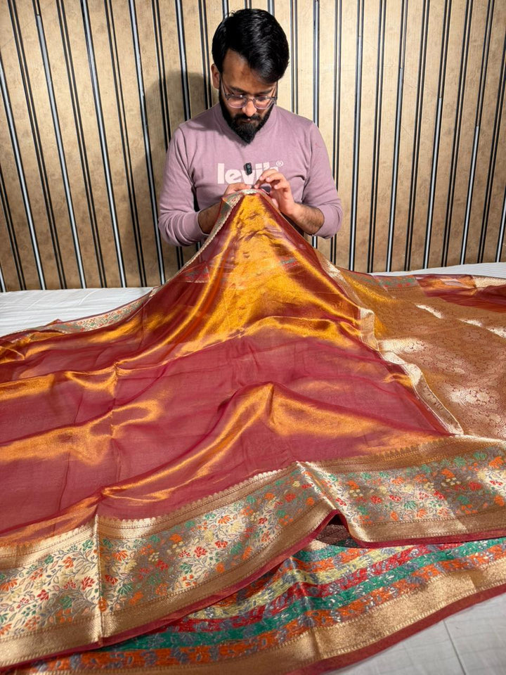 Goldish Mustard Shade Pure Tissue Silk Banarasi Saree