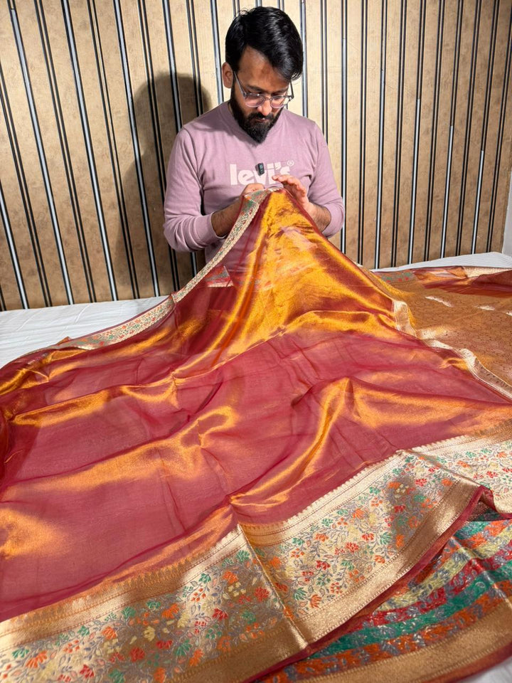 Goldish Mustard Shade Pure Tissue Silk Banarasi Saree