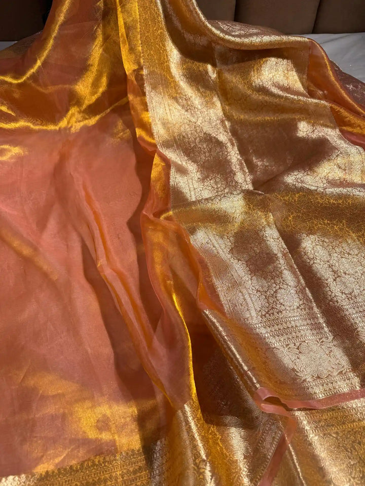 Goldish Pink Pure Tissue Silk Banarasi Saree