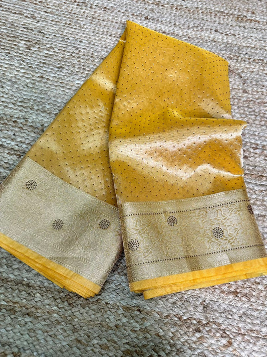 Goldish Yellow Tissue Silk Saree with Classic Sequence Work