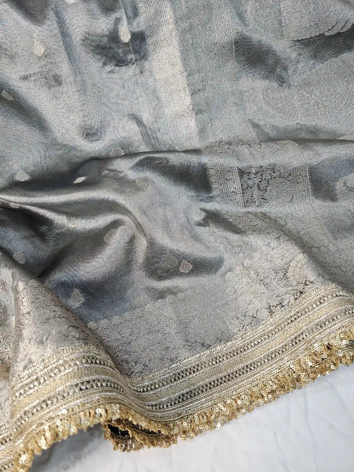 Gray Premium Tissue Silk Saree with Exclusive Lace Work