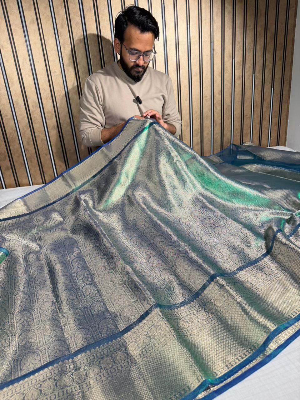 Green-Blue Dhoop Chaon Tissue Silk Kanjivaram Brocade Banarasi Saree