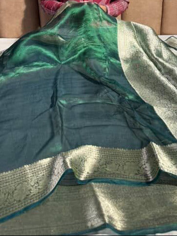 Green 100% Pure Tissue Silk Border Banarasi Saree