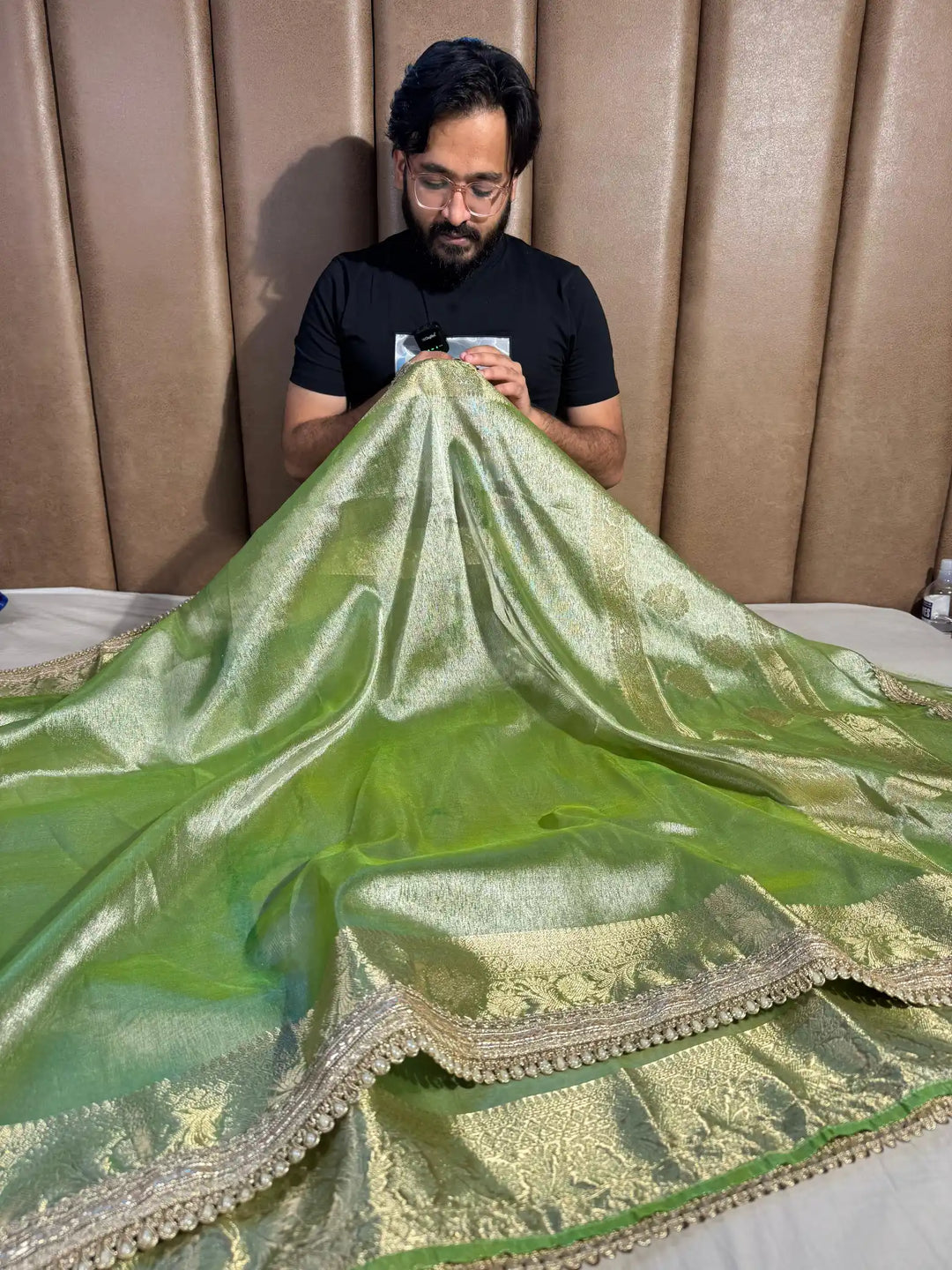 Green Banarasi Tissue Silk Saree with Rich Pallu and Lacework