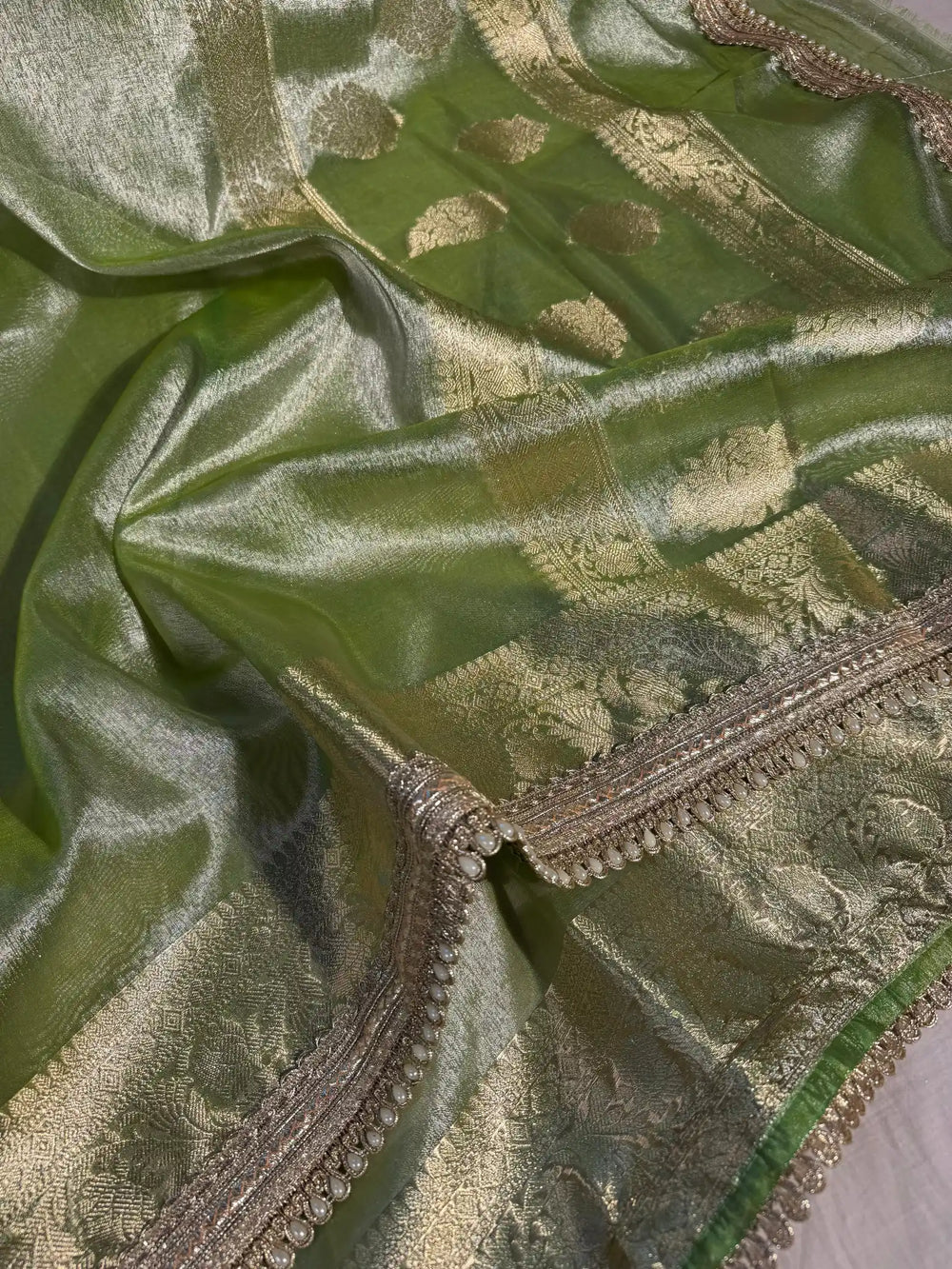 Green Banarasi Tissue Silk Saree with Rich Pallu and Lacework
