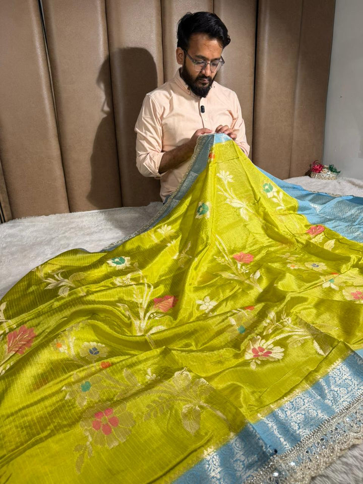 Green Firozi Premium Dupion Silk Lace Work Banarasi Saree