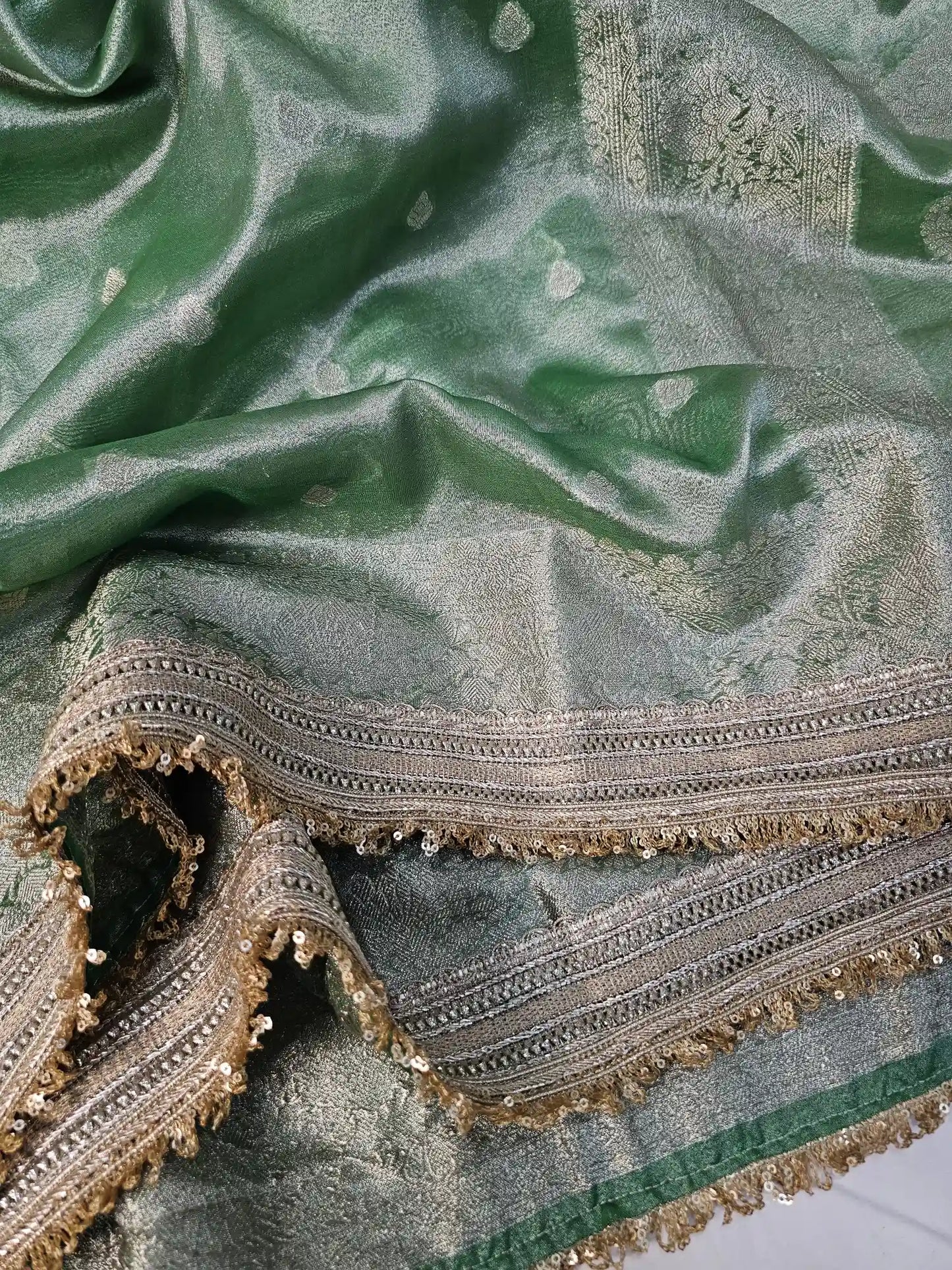 Green Premium Tissue Silk Saree with Exclusive Lace Work 