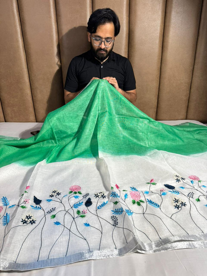 Green with White Pure Linen Silk Saree with Complete Handwork on Top