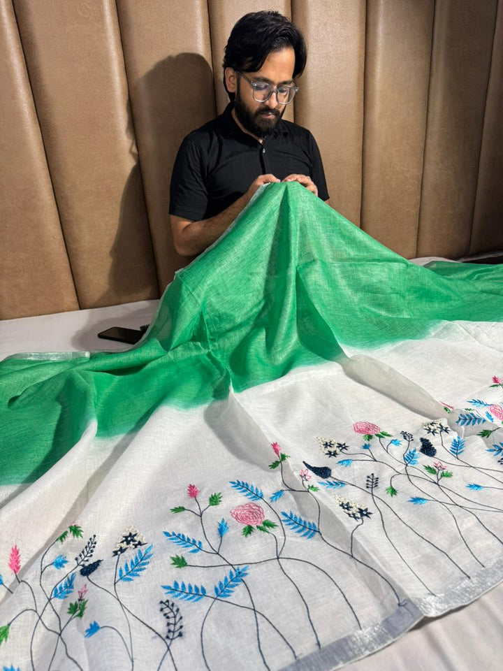 Green with White Pure Linen Silk Saree with Complete Handwork on Top
